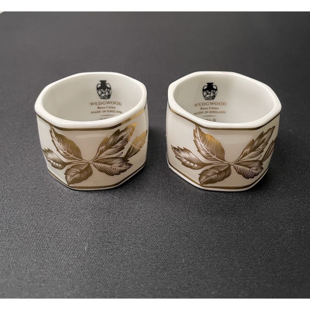 Vintage Wedgwood Bone China Gold Tonquin 22 Ct Trim Set 2 Napkin Rings Holders